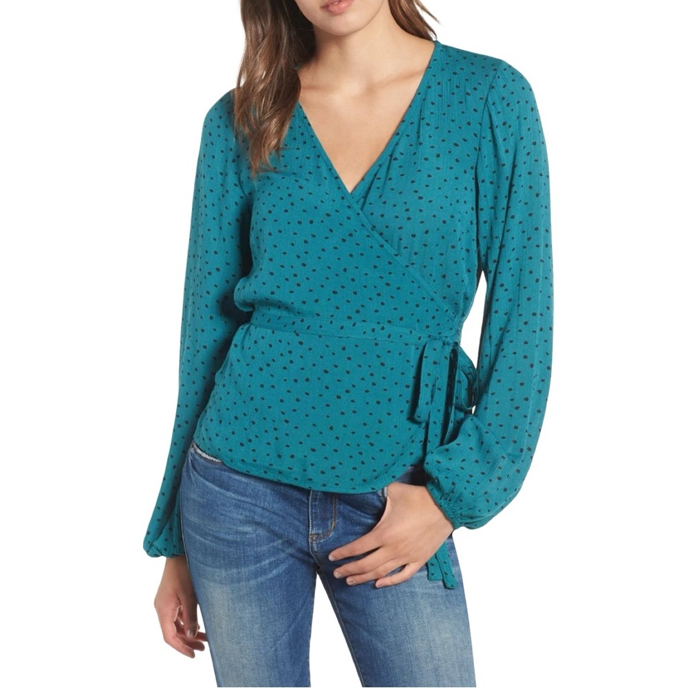 Billabong All Wrapped Up Teal Polka Dot Long Sleeve Wrap Blouse